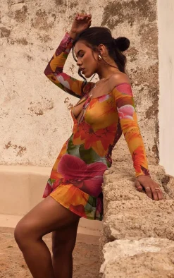 Multi Floral Printed Mesh Tie Front Plunge Bodycon Dress