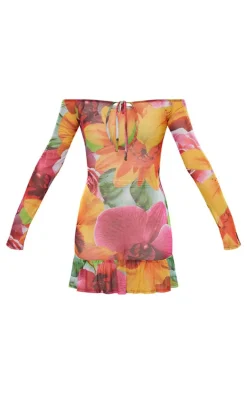 Multi Floral Printed Mesh Tie Front Plunge Bodycon Dress