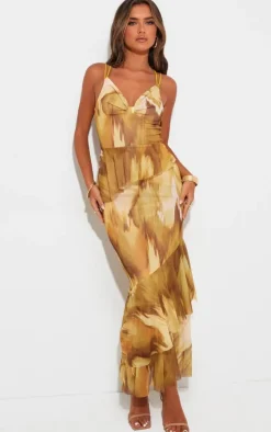 Multi Floral Printed Mesh Frill Midaxi Dress