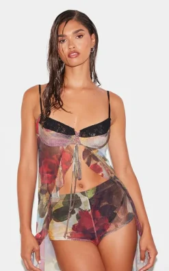 Multi Floral Printed Mesh Hot Pants