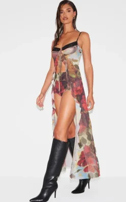 Multi Floral Printed Mesh Ruffle Tiered Long Bralet