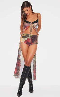 Multi Floral Printed Mesh Ruffle Tiered Long Bralet