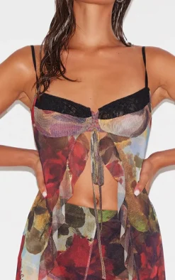 Multi Floral Printed Mesh Ruffle Tiered Long Bralet