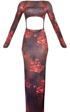 Multi Floral Sheer Long Sleeve Cut Out Maxi Dress