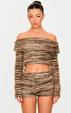 Multi Fluffy Textured Foldover Bardot Top