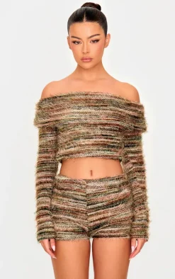 Multi Fluffy Textured Fold Over Hot Pants