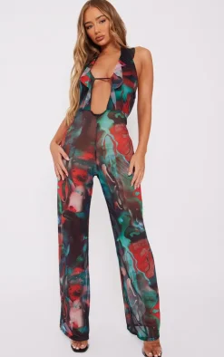 Multi Grunge Print Frill Wide Leg Halterneck Jumpsuit