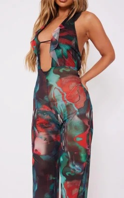 Multi Grunge Print Frill Wide Leg Halterneck Jumpsuit