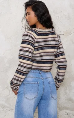 Multi Knit Jacquard Stripe Cropped Cardigan