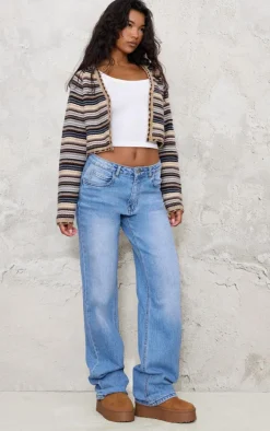 Multi Knit Jacquard Stripe Cropped Cardigan