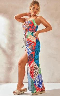 Multi Multi Paisley Print Asymmetric Tie Strappy Midaxi Dress