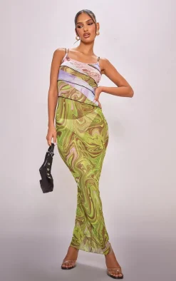 Multi Neon Abstract Printed Overlock Mesh Maxi Dress