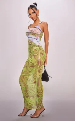 Multi Neon Abstract Printed Overlock Mesh Maxi Dress