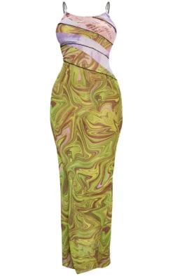 Multi Neon Abstract Printed Overlock Mesh Maxi Dress