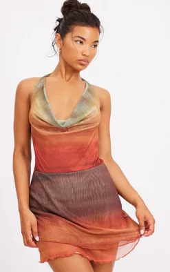 Multi Ombre Print Cowl Neck Bardot Frill Hem Shift Dress