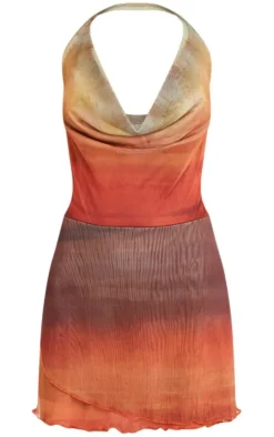 Multi Ombre Print Cowl Neck Bardot Frill Hem Shift Dress