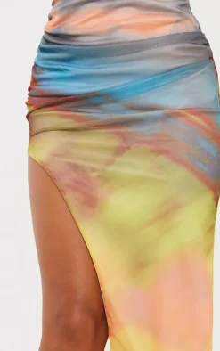 Multi Ombre Print Mesh Bandeau Thigh Split Midaxi Dress