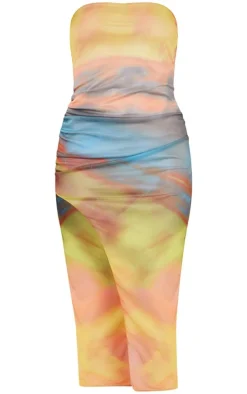 Multi Ombre Print Mesh Bandeau Thigh Split Midaxi Dress
