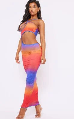 Multi Ombre Print Slinky Ring Detail Cut Out Maxi Dress