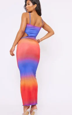 Multi Ombre Print Slinky Ring Detail Cut Out Maxi Dress