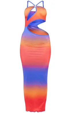 Multi Ombre Print Slinky Ring Detail Cut Out Maxi Dress