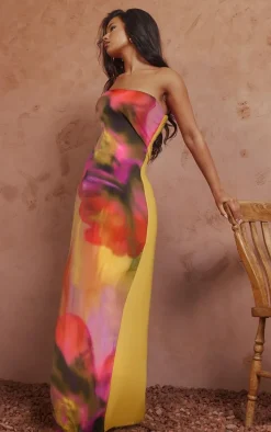 Multi Oversized Chiffon Floral Print Bandeau Maxi Dress