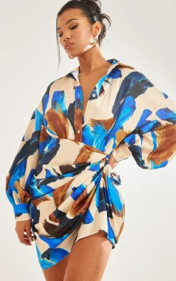 Multi Paint Print Satin Drape Skirt Oversized Sleeve Shirt Dress
