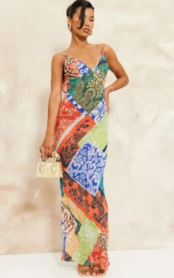 Multi Patchwork Paisley Print Strappy Backless Maxi Dress