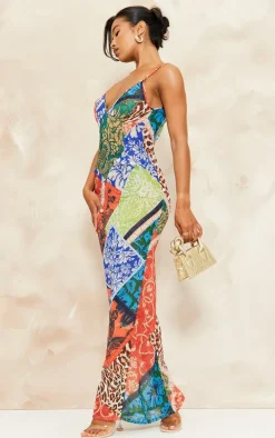 Multi Patchwork Paisley Print Strappy Backless Maxi Dress