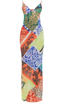 Multi Patchwork Paisley Print Strappy Backless Maxi Dress