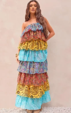 Multi Patchwork Paisley Print Tiered Maxi Dress