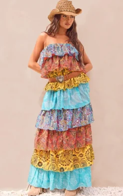 Multi Patchwork Paisley Print Tiered Maxi Dress