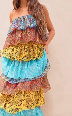 Multi Patchwork Paisley Print Tiered Maxi Dress