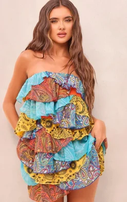 Multi Patchwork Paisley Print Tiered Mini Dress