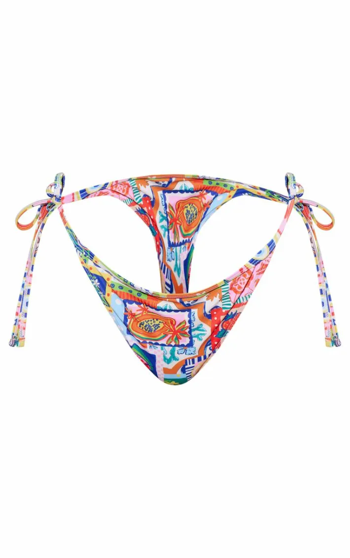Multi Postcard Fruit Print Tie Side Bikini Bottoms