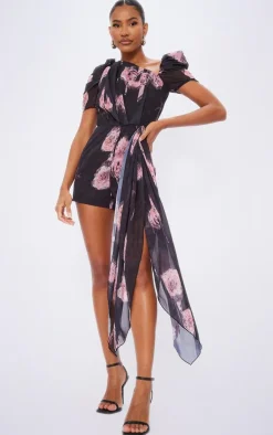 Multi Print Asymmetric Neck Drape Detail Romper