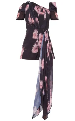 Multi Print Asymmetric Neck Drape Detail Romper