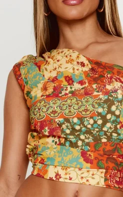 Multi Print Chiffon One Shoulder Top