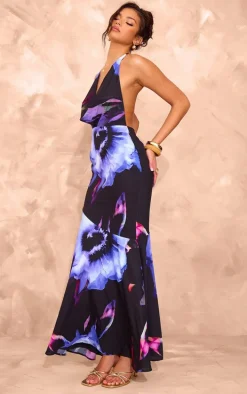 Multi Print Halter Neck Maxi Dress