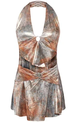 Multi Print Halterneck Ring Tiered Mini Dress