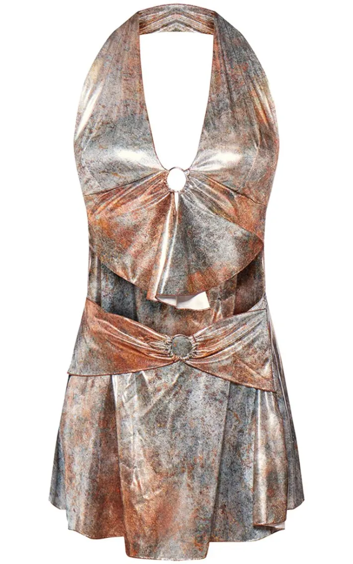 Multi Print Halterneck Ring Tiered Mini Dress