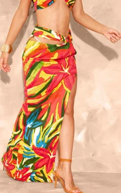 Multi Print Linen Look Twist Detail Maxi Skirt