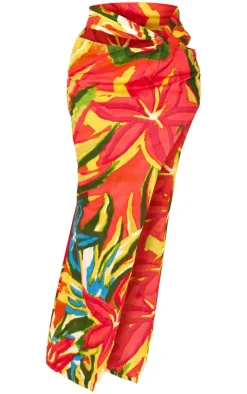 Multi Print Linen Look Twist Detail Maxi Skirt