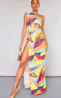 Multi Print Plisse Knotted Split Detail Maxi Dress