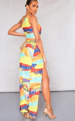 Multi Print Plisse Knotted Split Detail Maxi Dress