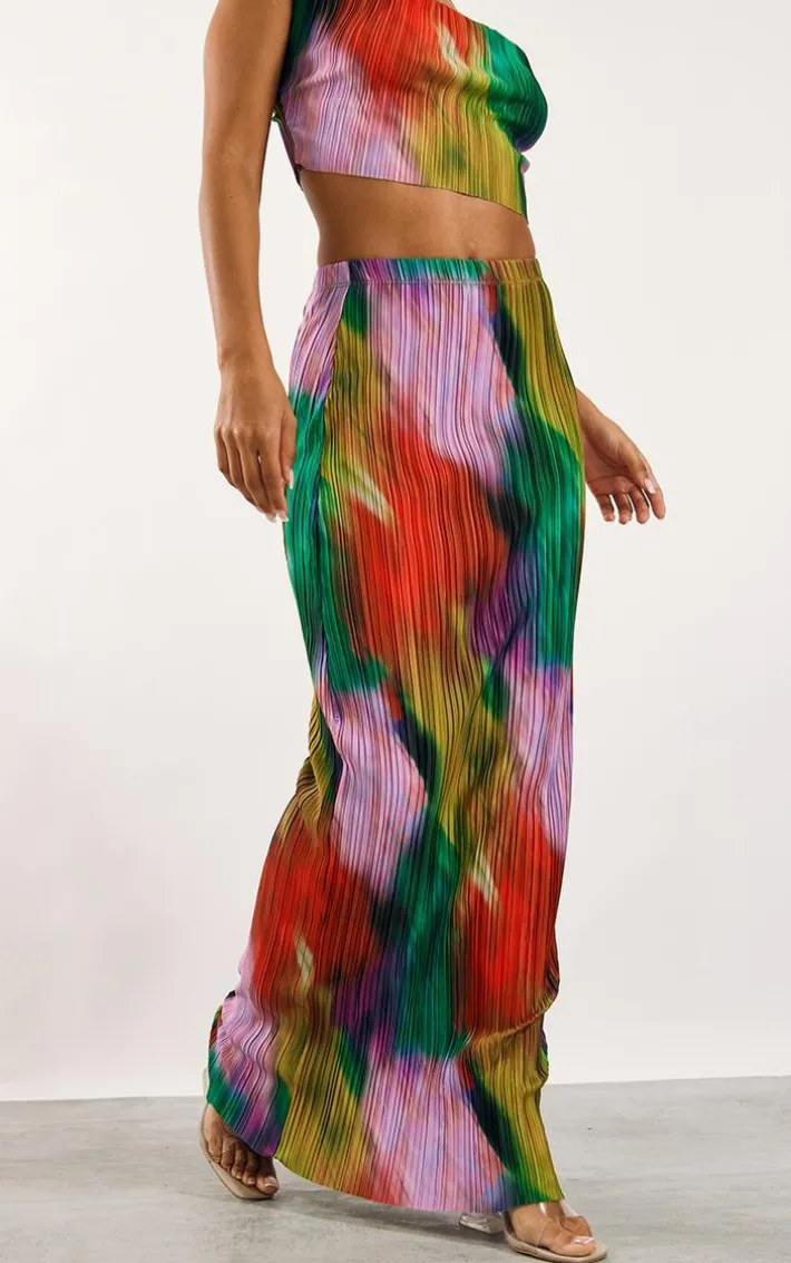 Multi Print Plisse Maxi Skirt