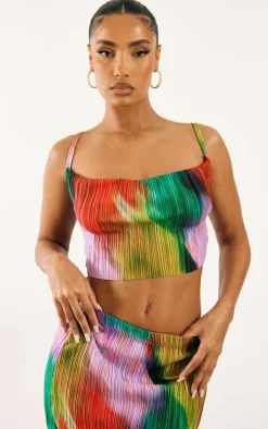 Multi Print Plisse Strappy Cowl Neck Top