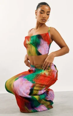 Multi Print Plisse Strappy Cowl Neck Top