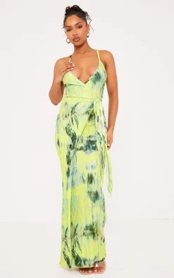 Multi Print Plisse Wrap Tie Maxi Dress