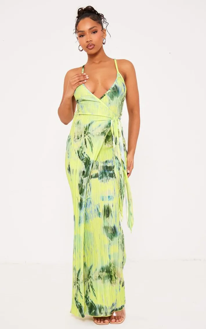 Multi Print Plisse Wrap Tie Maxi Dress